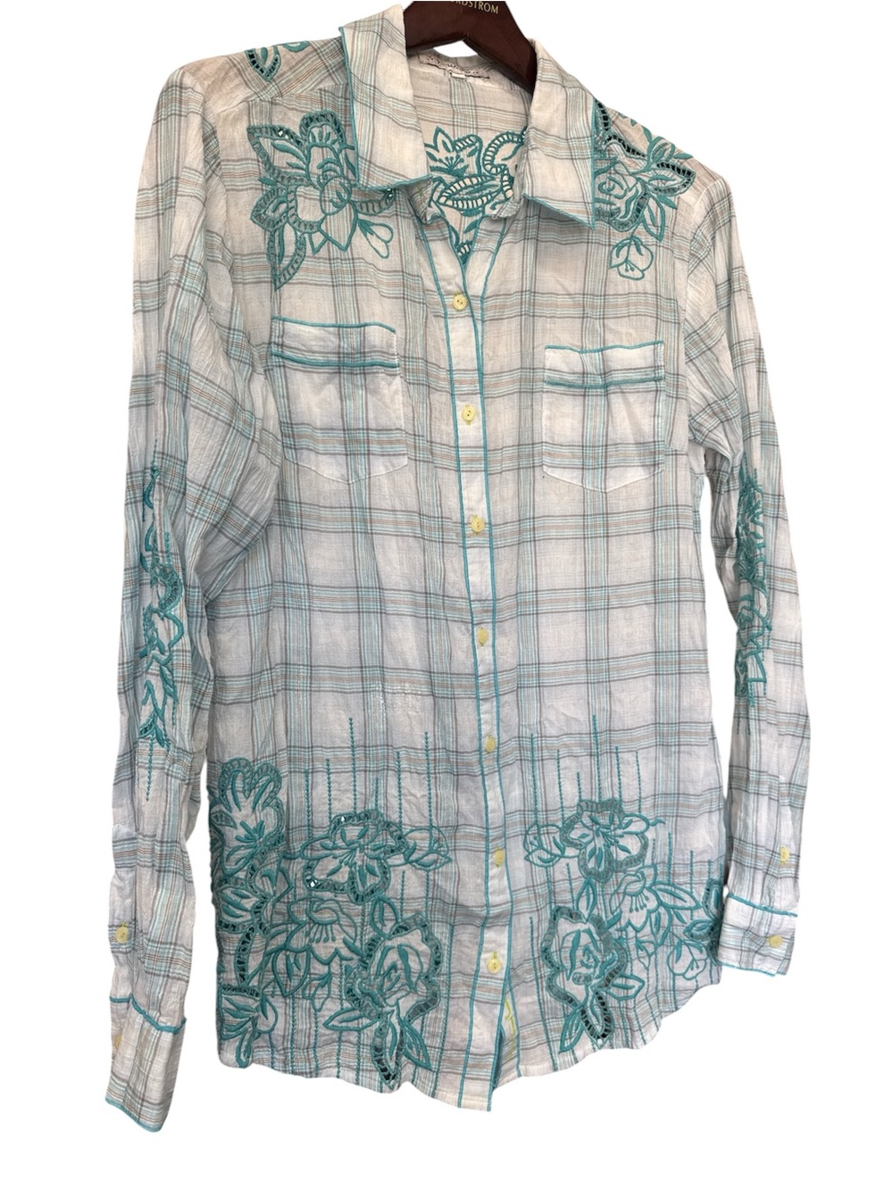 Button-Down Plaid Shirt with Teal Floral Embroidery